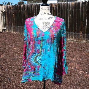 India Indian Peasant Hippie Top Colorful Blouse L/XL Greater Good Boho Blue